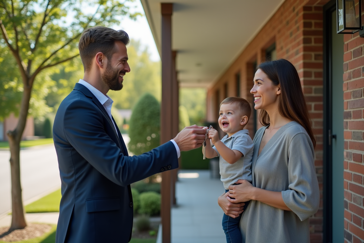 Agent immobilier donnant les clés à une famille devant la maison