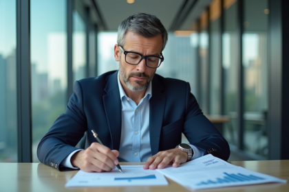 Analyste financier en costume dans un bureau moderne