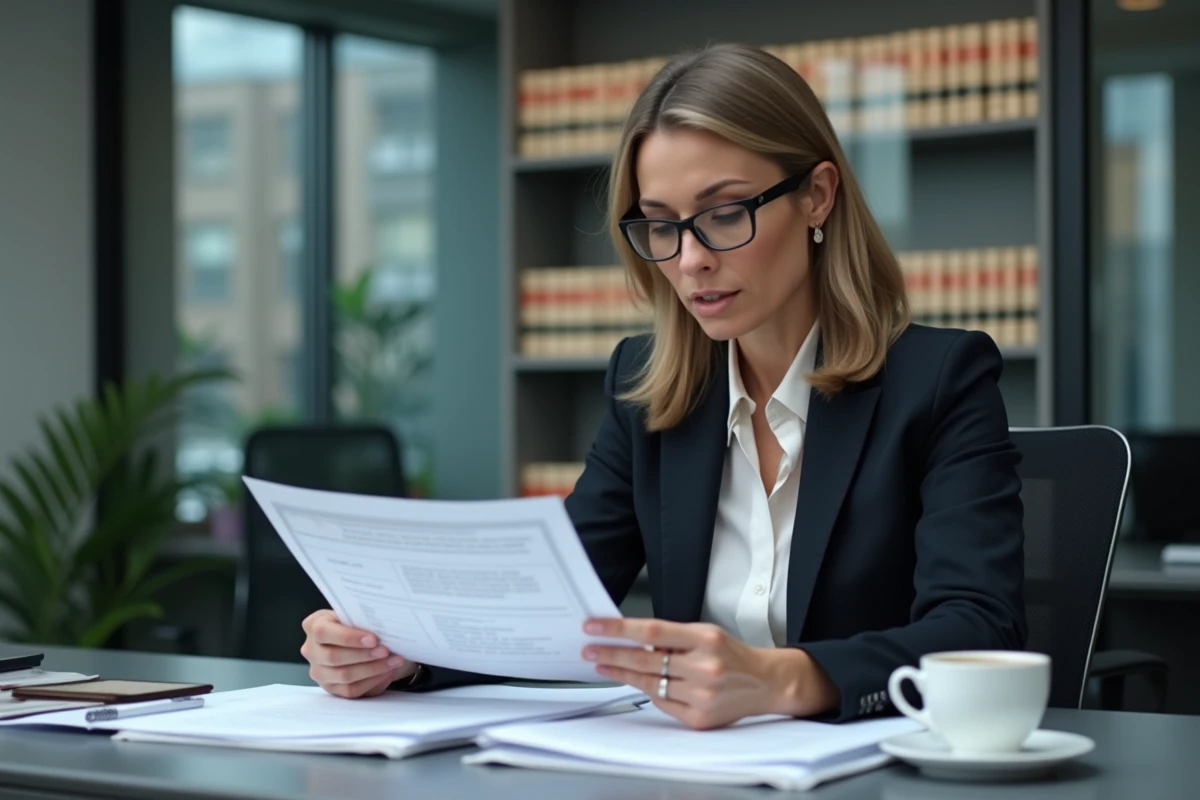 Femme professionnelle lisant des documents juridiques au bureau