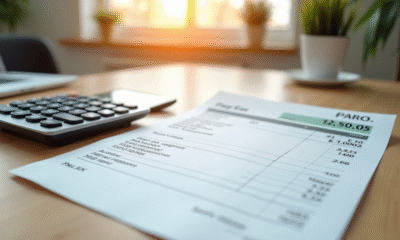 Bulletin de salaire ouvert avec calculatrice sur bureau lumineux