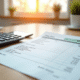 Bulletin de salaire ouvert avec calculatrice sur bureau lumineux