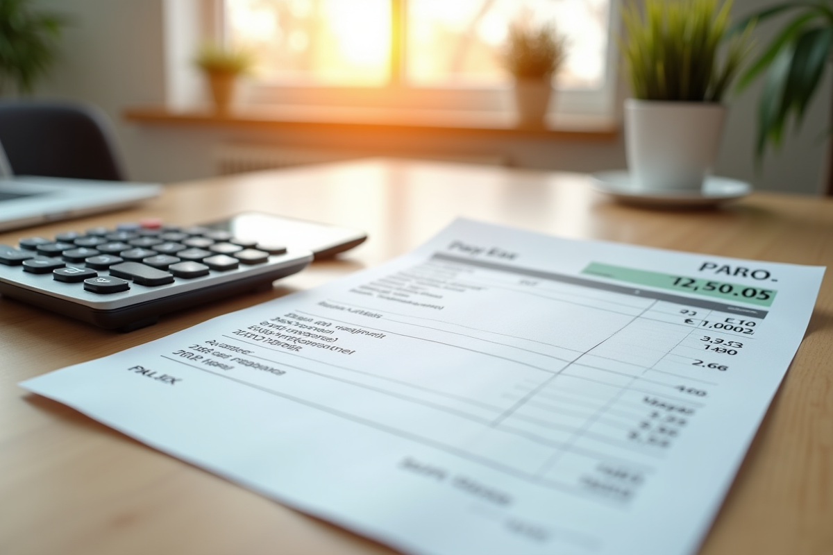 Bulletin de salaire ouvert avec calculatrice sur bureau lumineux