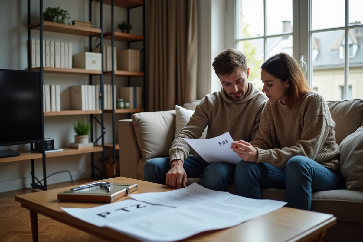 Jeune couple examinant des documents PTZ dans le salon