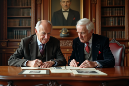 Couple agee en tenue elegante dans une bibliotheque ancienne