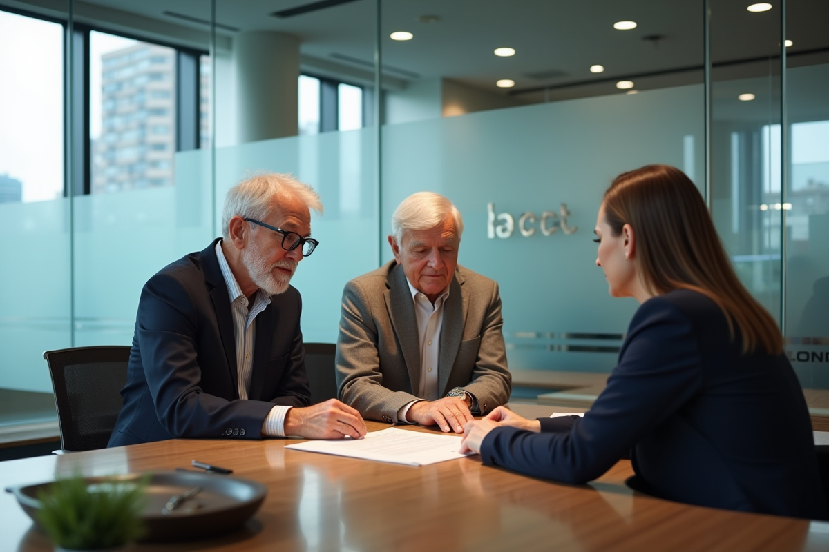 Couple d age moyen discute d un terme hypothécaire avec un banquier