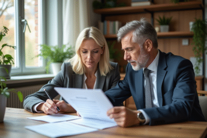 Couple d'adultes étudiant des documents immobiliers à la maison