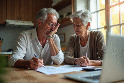 Couple inquiet examinant des documents financiers à la maison