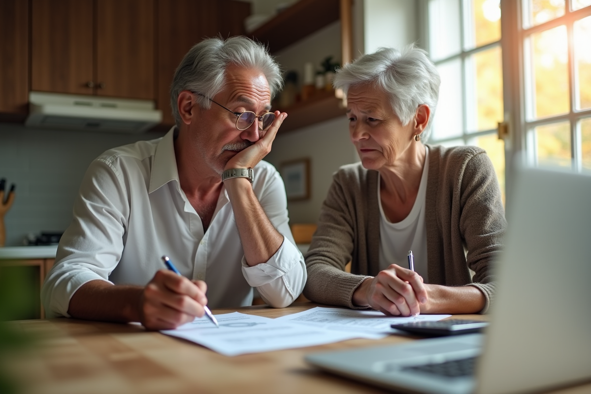 Couple inquiet examinant des documents financiers à la maison