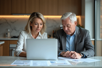 Couple mature examinant des documents d'epargne retraite