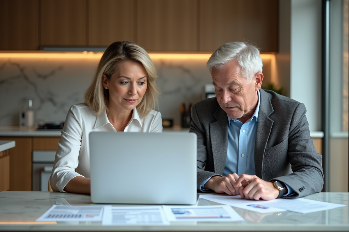 Couple mature examinant des documents d'epargne retraite