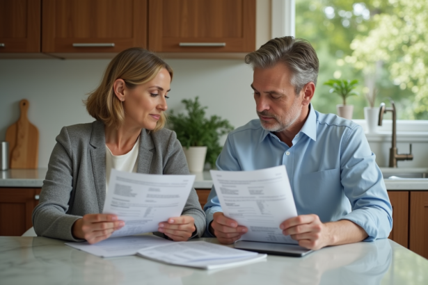 Couple en cuisine compare brochures d'assurance santé