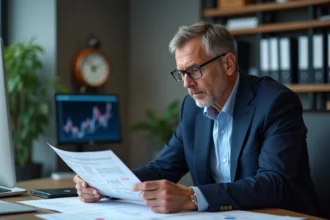 Economiste homme en costume bleu analysant des graphiques financiers