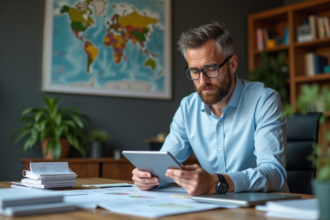 Economiste homme en réunion avec rapport carbone sur tablette