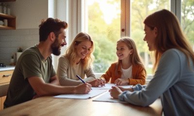 Famille souriante signant un achat immobilier dans une cuisine lumineuse