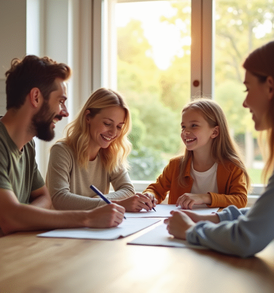 Famille souriante signant un achat immobilier dans une cuisine lumineuse