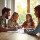 Famille souriante signant un achat immobilier dans une cuisine lumineuse