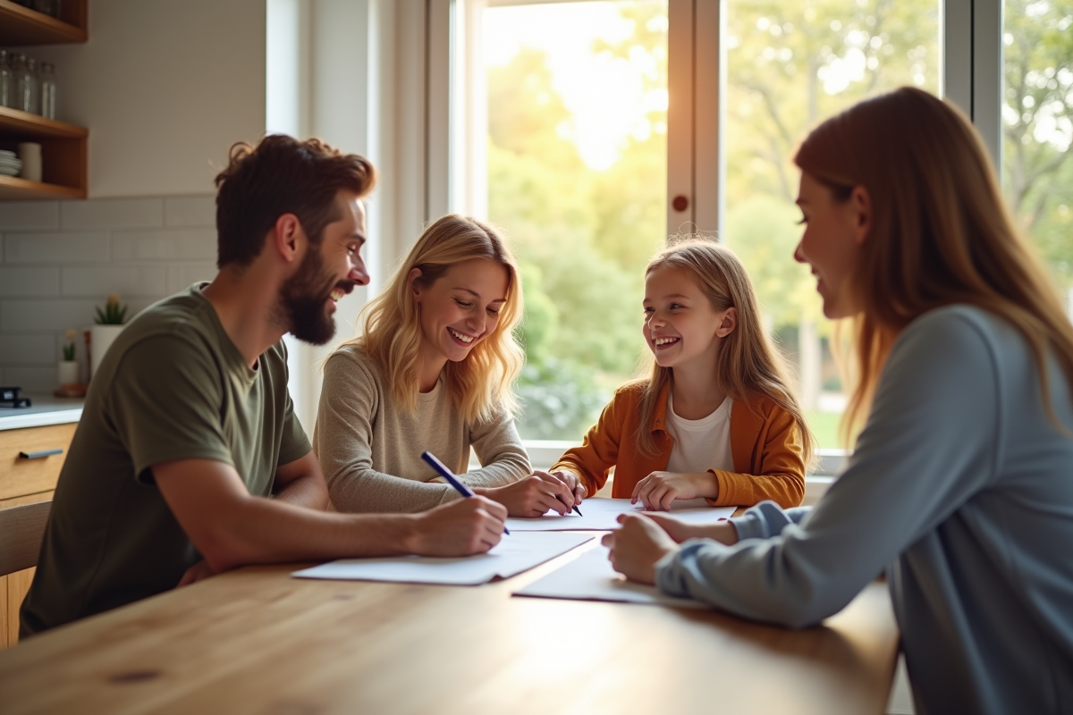 Famille souriante signant un achat immobilier dans une cuisine lumineuse