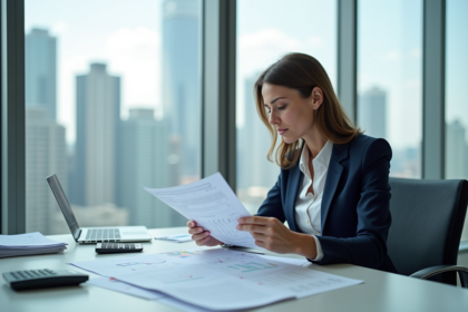 Femme d'affaires analysant des rapports financiers au bureau
