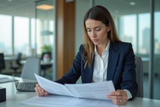 Femme d'affaires en costume bleu dans un bureau moderne