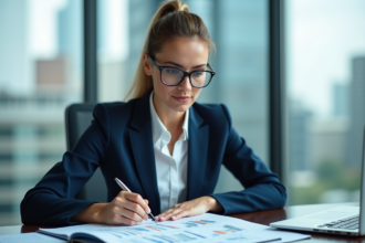 Femme d'affaires étudie des rapports financiers dans un bureau moderne