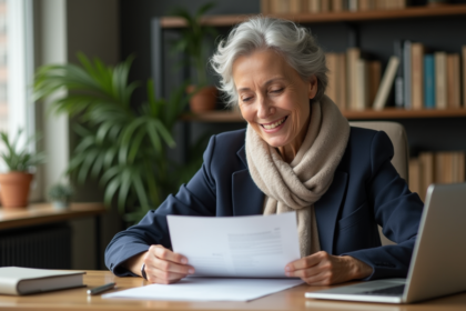 Femme d age moyenne examine des documents hypothécaires dans un bureau moderne