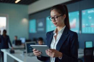 Jeune femme d'affaires avec tablette dans banque moderne