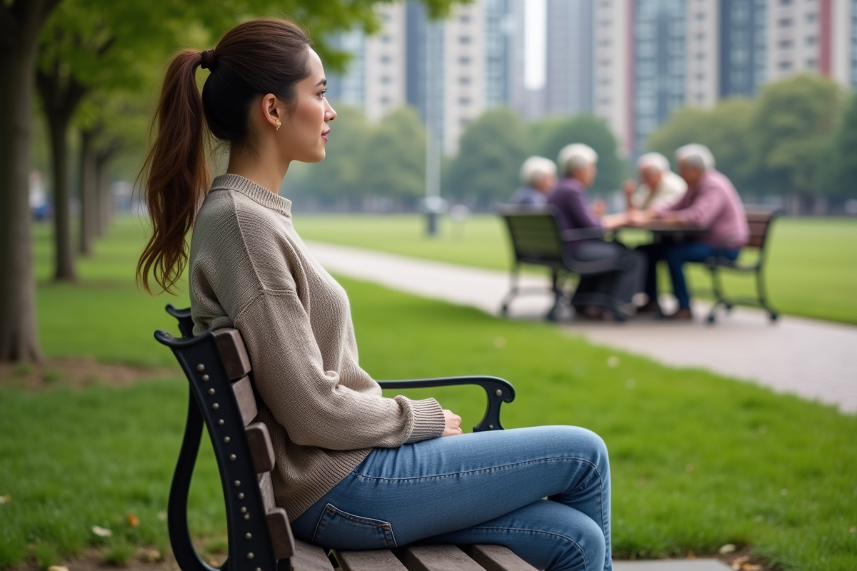 Jeune femme assise sur un banc de parc regardant des retraités
