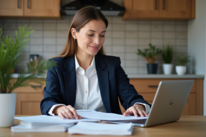 Femme en blazer navy lisant des documents dans une cuisine moderne