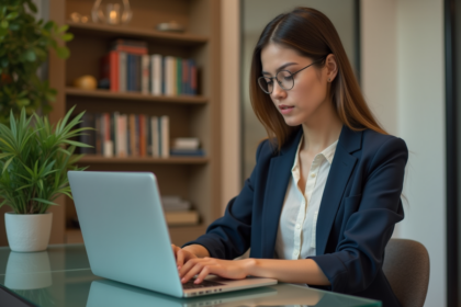 Jeune femme professionnelle travaillant sur son ordinateur dans un bureau moderne