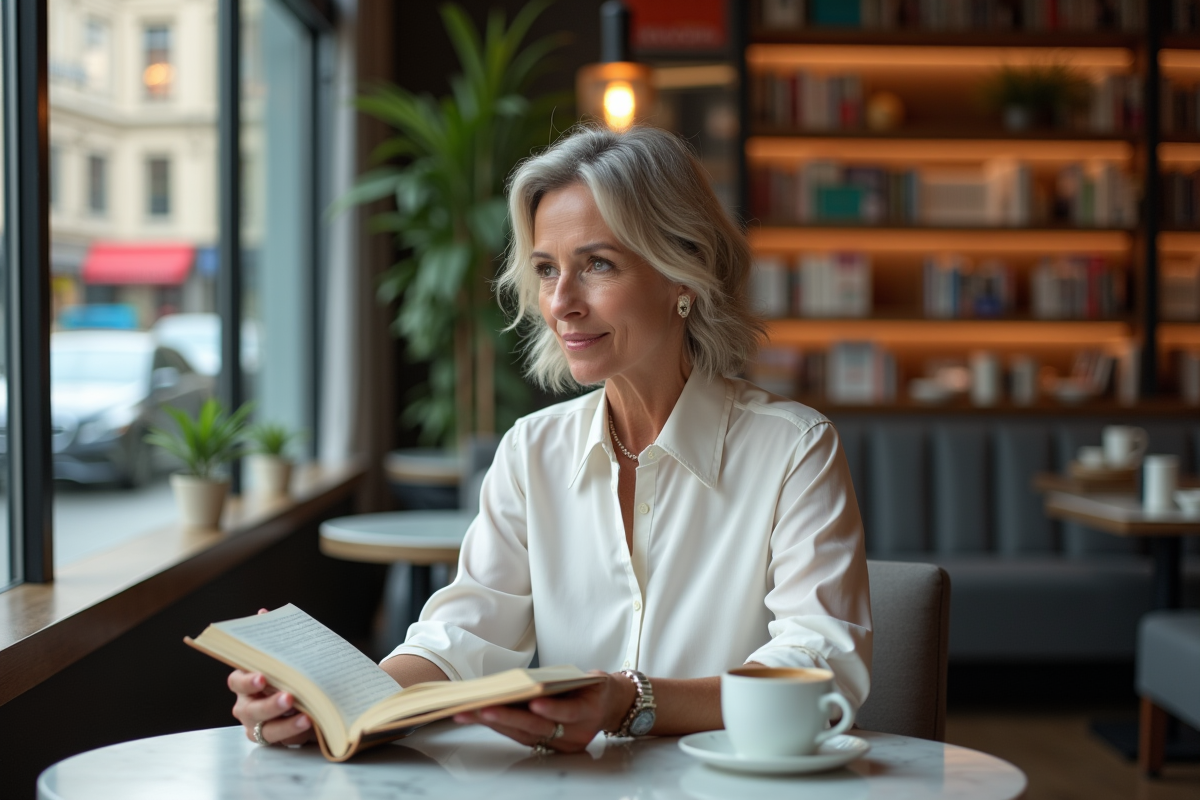 Femme lisant une biographie dans un café urbain moderne