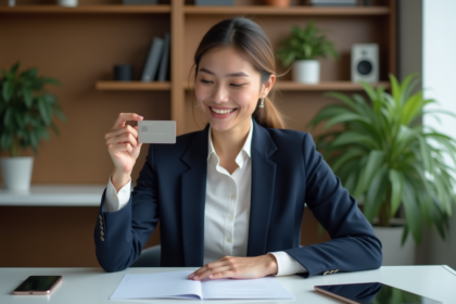 Femme élégante tenant une carte bancaire dans un bureau moderne