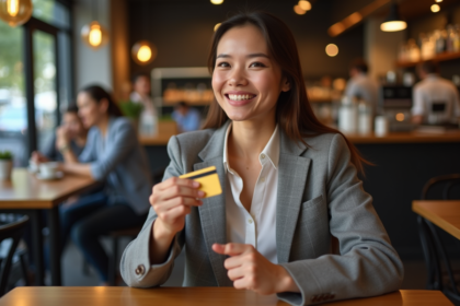 Femme souriante avec carte bancaire dans un café