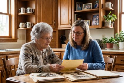 Femme âgée et fille examinant des documents familiaux