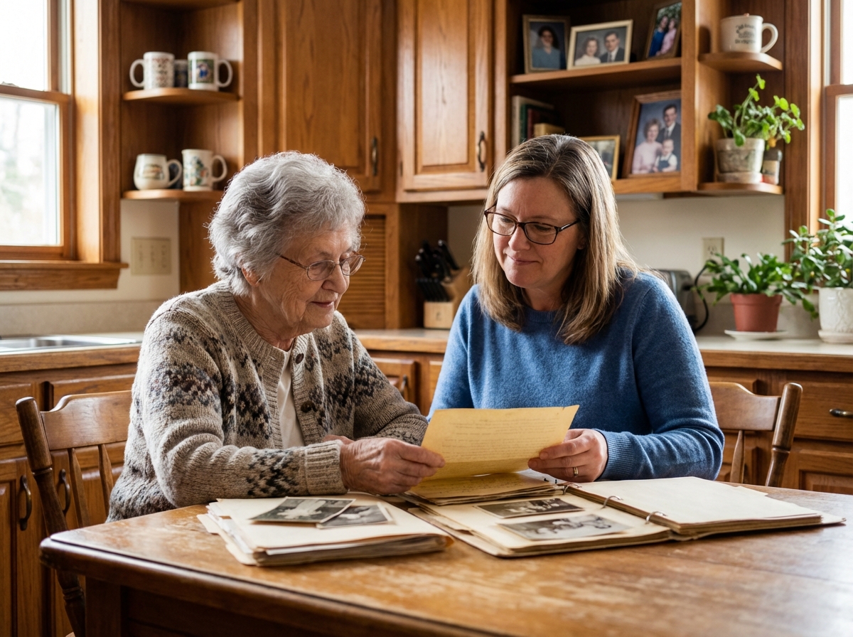 Femme âgée et fille examinant des documents familiaux