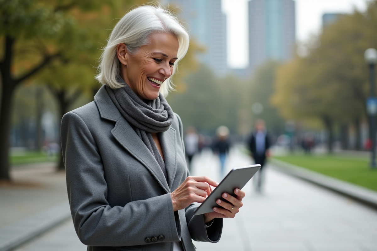 Femme entrepreneure souriante dans un parc urbain