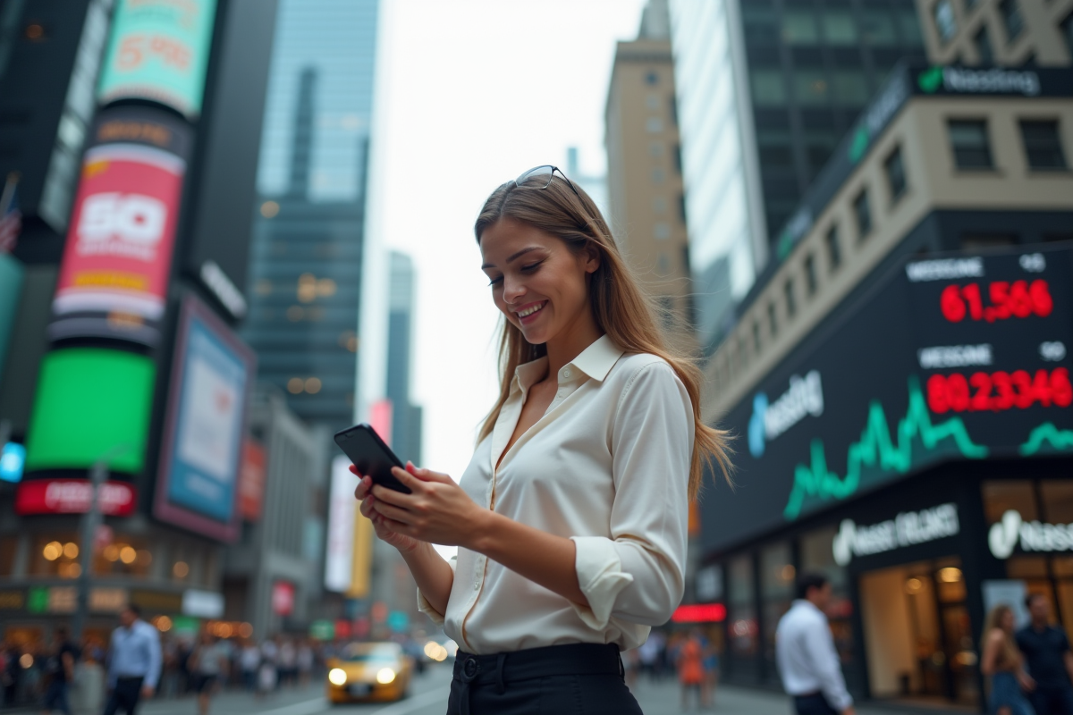 Jeune femme souriante utilisant son smartphone dans la ville