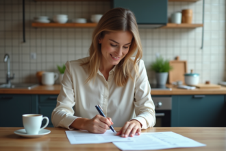 Femme française en cuisine lisant un contrat avec un sourire