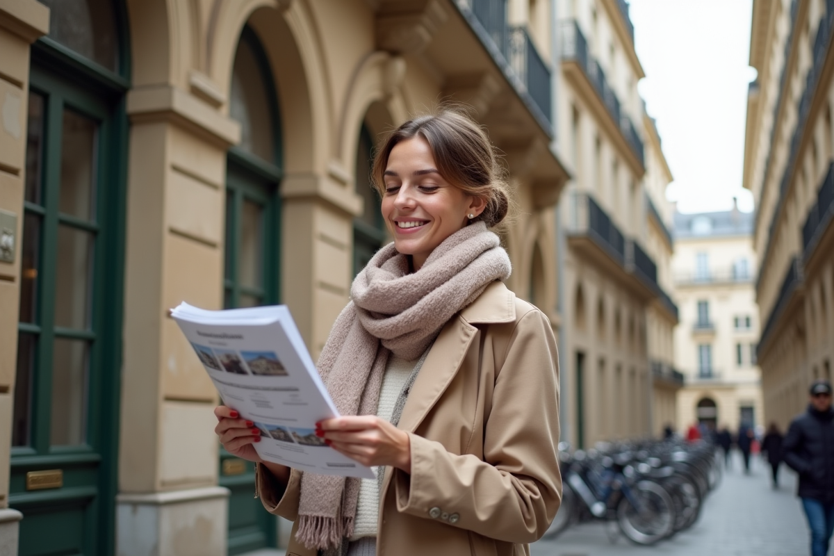 Jeune femme souriante devant un immeuble parisien ancien
