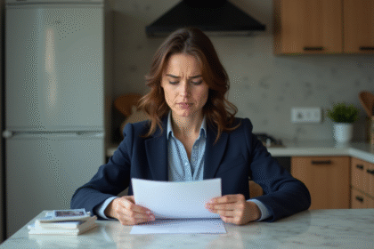 Femme inquiète lisant une lettre de banque à la maison
