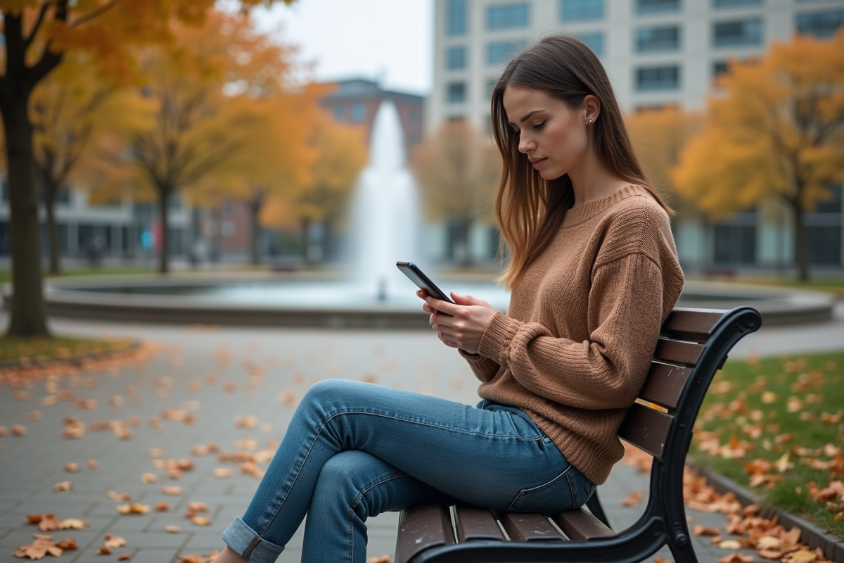 Jeune femme dans un parc urbain vérifiant ses investissements