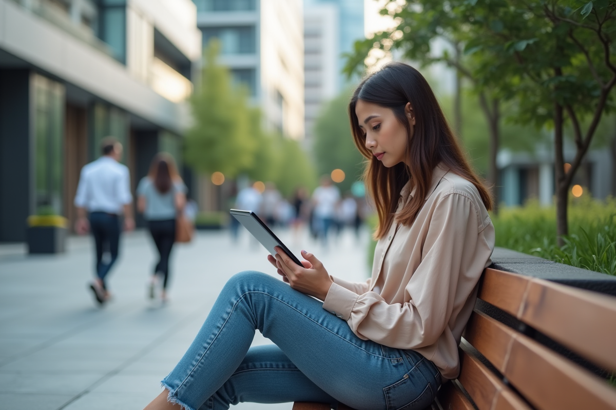 Jeune femme analysant des données sur une tablette en extérieur