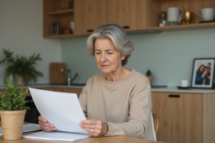 Femme réfléchie lisant des papiers dans une cuisine moderne