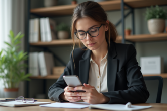 Femme en bureau vérifiant son application bancaire sur smartphone