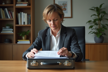 Femme d'âge moyen organisant ses documents dans un bureau moderne