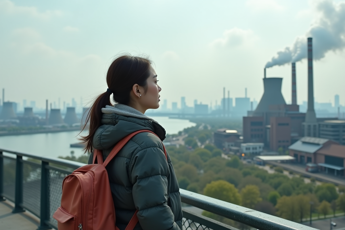 Jeune femme contemplant une usine polluante depuis un pont