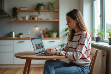 Jeune femme consulte des annonces immobilières sur son ordinateur