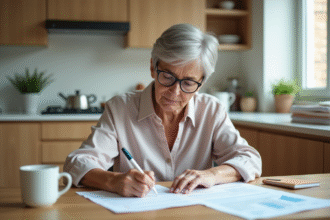 Femme âgée remplissant des formulaires de retraite à la maison