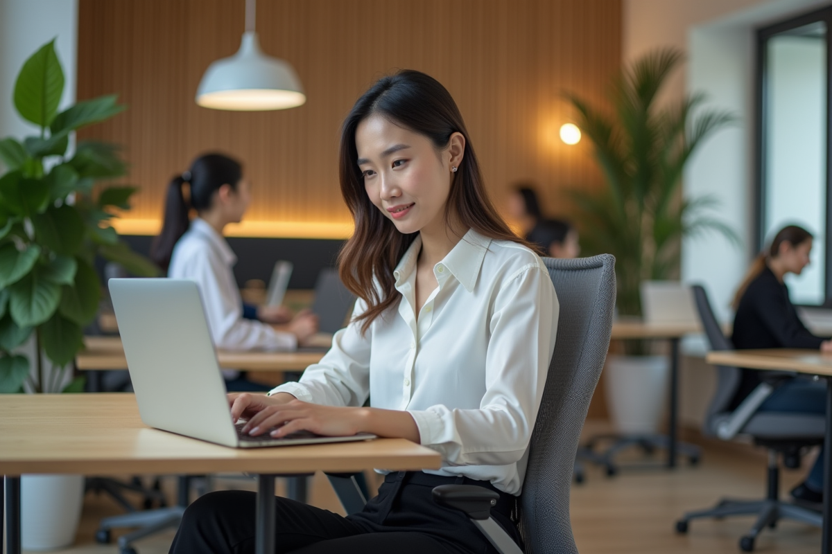 Jeune femme travaillant sur un ordinateur dans un espace coworking