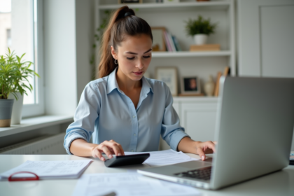 Femme en travail à domicile calculant ses intérêts