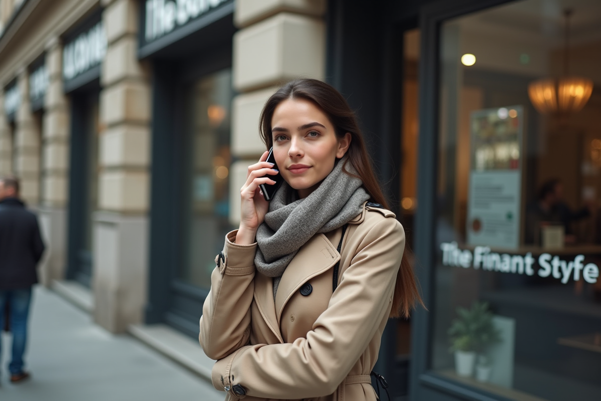 Jeune femme en trench coat parlant au téléphone dans la ville